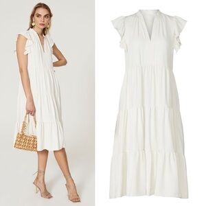 Amanda Uprichard Sheradin Ivory Flutter Sleeve Midi Dress Womens Large EUC